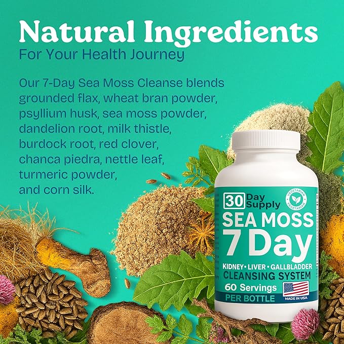 Atlantic Naturals Sea Moss Capsules – 7 Day Herbal Blend for Liver & Gallbladder Wellness – with Dandelion Root, Milk Thistle, Burdock Root, Red Clover & Chanca Piedra – 180 Count Sea Moss Capsules