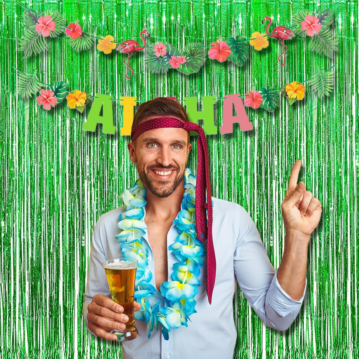 BRAVESHINE Green Metallic Tinsel Foil Fringe Curtains - 2 Pack 3.2 x 8.2 ft Metallic Photo Backdrop for Graduates-Theme/St Patricks Day/Hawaiian/Luau/Dinosaur/Jungle-Theme/Christmas Party Decorations