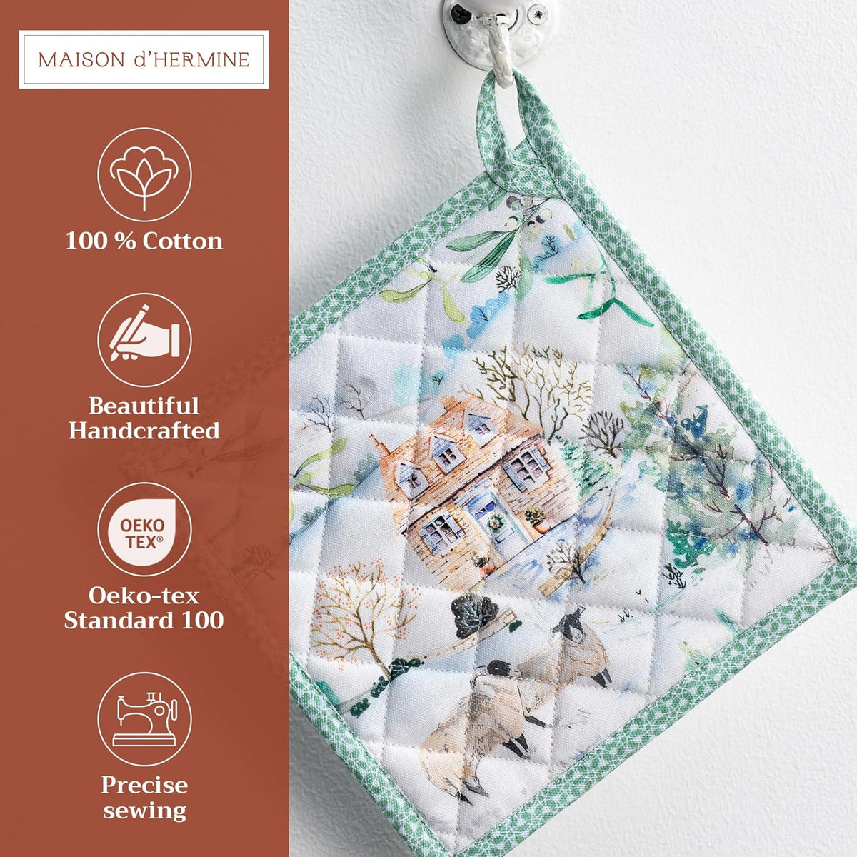 Maison d' Hermine Pot Holders Set 100% Cotton Heat Resistant Potholders 8" x 8" Hot Pads with Loop BBQ, Cooking, Baking, Grilling, Kitchen, Handling Hot Pans (Pack of 2, Snowy World)