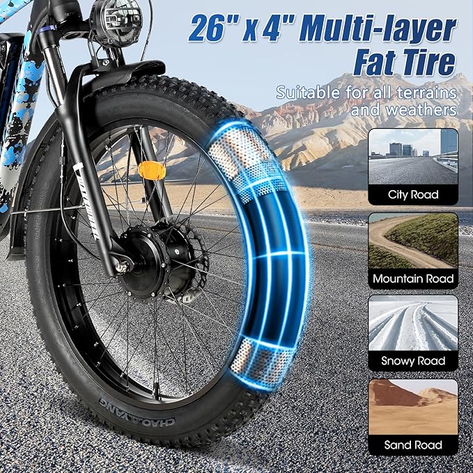 60V 26Ah Electric Bike for Adults 5000W, 60V Battery Ebike, 26"X4"Fat Tire Long Range Mountain Bike Full Suspension, Hydraulic Brake Electric Bicycle
