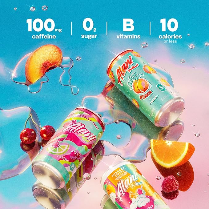Alani Nu RETRO VARIETY PACK (Sherbet Swirl, Juicy Peach and Cherry Twist), Low Calorie Energy Drinks, 100mg Caffeine, Biotin, B Vitamins, Zero Sugar, 10 Calories or Less, 8 Fl Oz Cans, 12 Pack