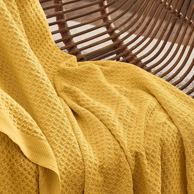 Bedsure 100% Cotton Blanket King Size for Bed - Breathable and Soft, Waffle Weave Blanket for Summer, Thick Cozy Fall Blankets for Women Gift, Mustard Yellow, 104x90 inches