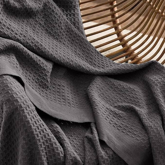 Bedsure 100% Cotton Large Blanket Oversized King for Bed - Breathable Thick Waffle Weave Blanket for Summer, Couch Cover, Dark Grey, 120x94 inches