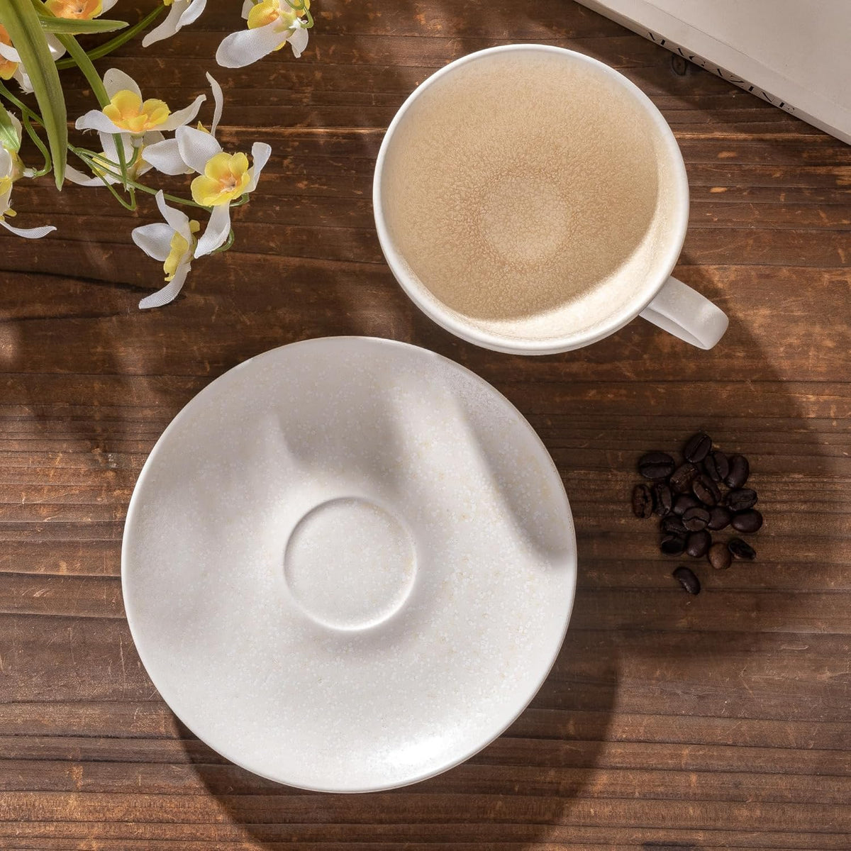 Ceramic Latte Art Mug With Saucer - 10 oz, Round Bottom For Perfect Pours - Cafe Cups for Cappuccino, Espresso, Coffee, Tea - Handmade Porcelain Set for Baristas, Great Gift - Apricot