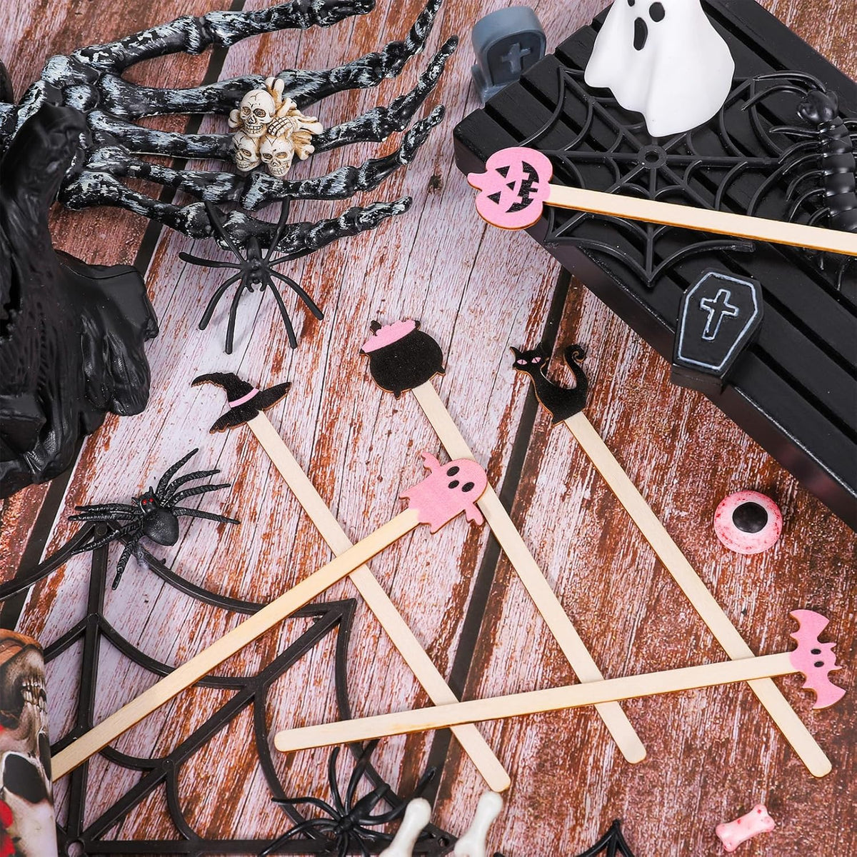 120Pcs Halloween Coffee Stirrers Disposable Pink Black Ghost Bat Cat Pumpkin Stir Sticks Wooden Drink Stirrer for Hot Chocolate Milkshake Restaurant Home Office