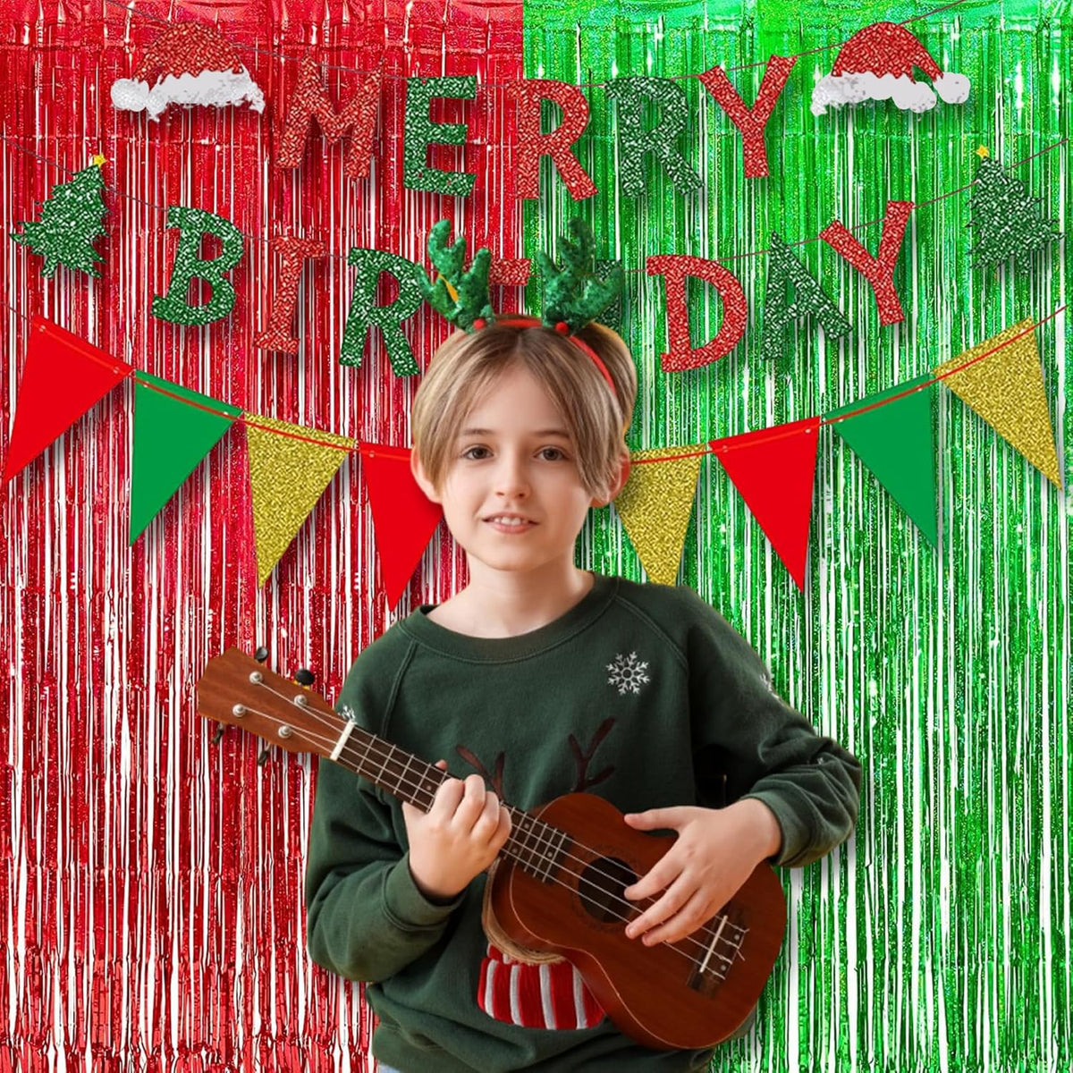 BRAVESHINE Tinsel Foil Fringe Curtains - 2 Pack 3.2 x 8.2 ft Metallic Photo Booth Streamer Backdrops for Birthdays Fiestas Melons Hawaiian Luau Tropical-Theme Christmas Party Decorations - Red Green