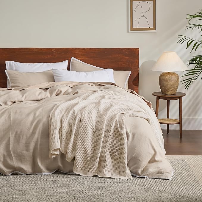 Bedsure 100% Cotton Blanket Queen Size for Bed - Breathable and Soft, Waffle Weave Blanket for Summer, Thick Cozy Fall Blankets for Women Gift, Khaki (a Little Bit Yellow), 90x90 Inches