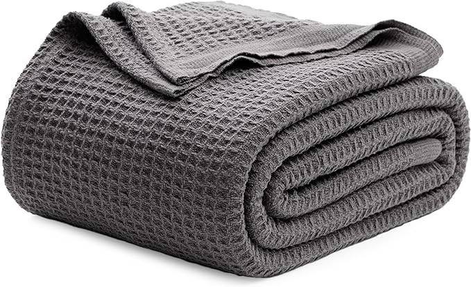 Bedsure 100% Cotton Blanket King Size for Bed - Breathable and Soft, Waffle Weave Blanket for Summer, Thick Cozy Fall Blankets for Women Gift, Dark Grey, 104x90 inches