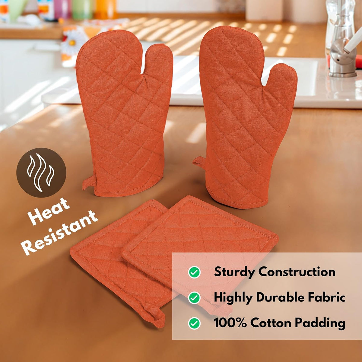 Native Fab 4 Piece Set - 2 Oven Mitts & 2 Potholders, Heat Resistant, 100% Cotton, Quilted Design, Non-Slip Grip, Machine Washable, Ideal for Baking, Cooking, BBQ, Kitchen Protection - Orange