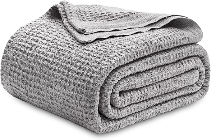 Bedsure 100% Cotton Blanket King Size for Bed - Breathable and Soft, Waffle Weave Blanket for Summer, Thick Cozy Fall Blankets for Women Gift, Grey, 104x90 inches