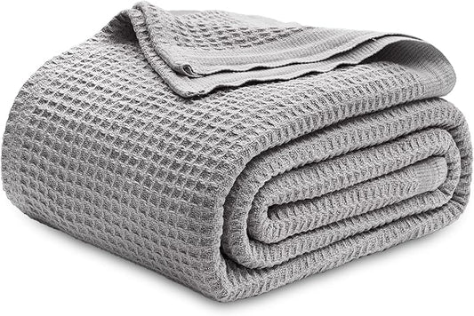 Bedsure 100% Cotton Blanket Queen Size for Bed - Breathable and Soft, Waffle Weave Blanket for Summer, Thick Cozy Fall Blankets for Women Gift, Grey, 90x90 Inches