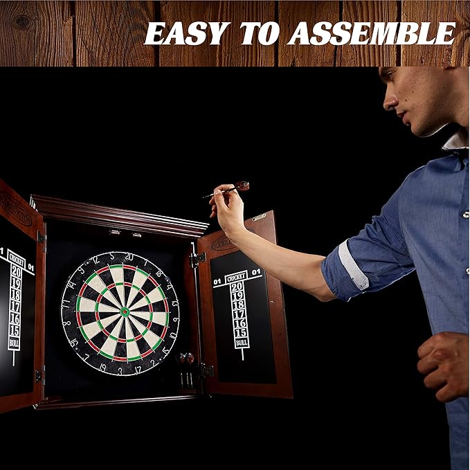 Barrington Dartboard Multiple Styles Pre-Assembled Wood Dartboard Cabinet Collection with 18” Bristle Dartboard & Steel Tip Dart Set, Perfect for Cricket Games