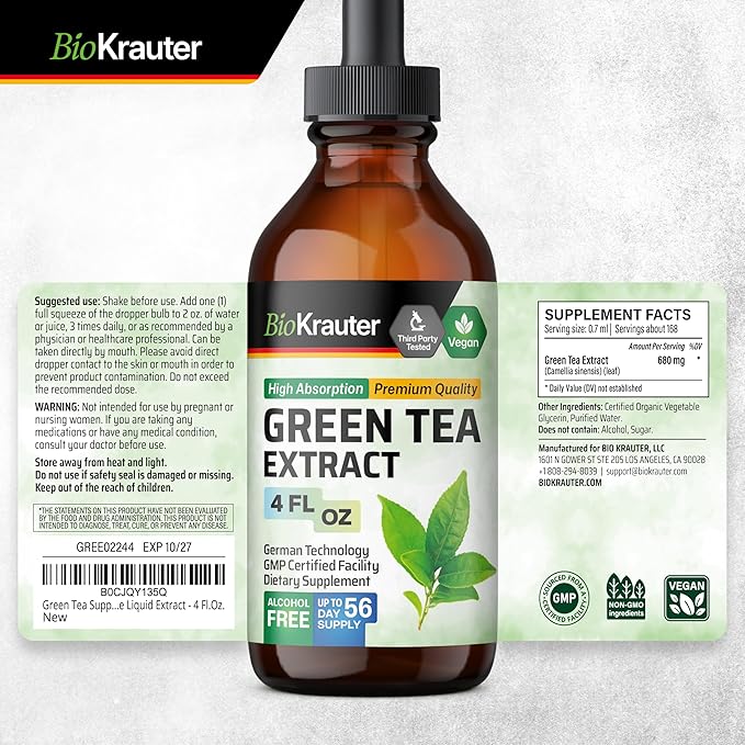 BIO KRAUTER Green Tea Extract Liquid Drops - Green Tea Supplements - Antioxidant Source - Alcohol and Sugar Free - 4 Fl.Oz.