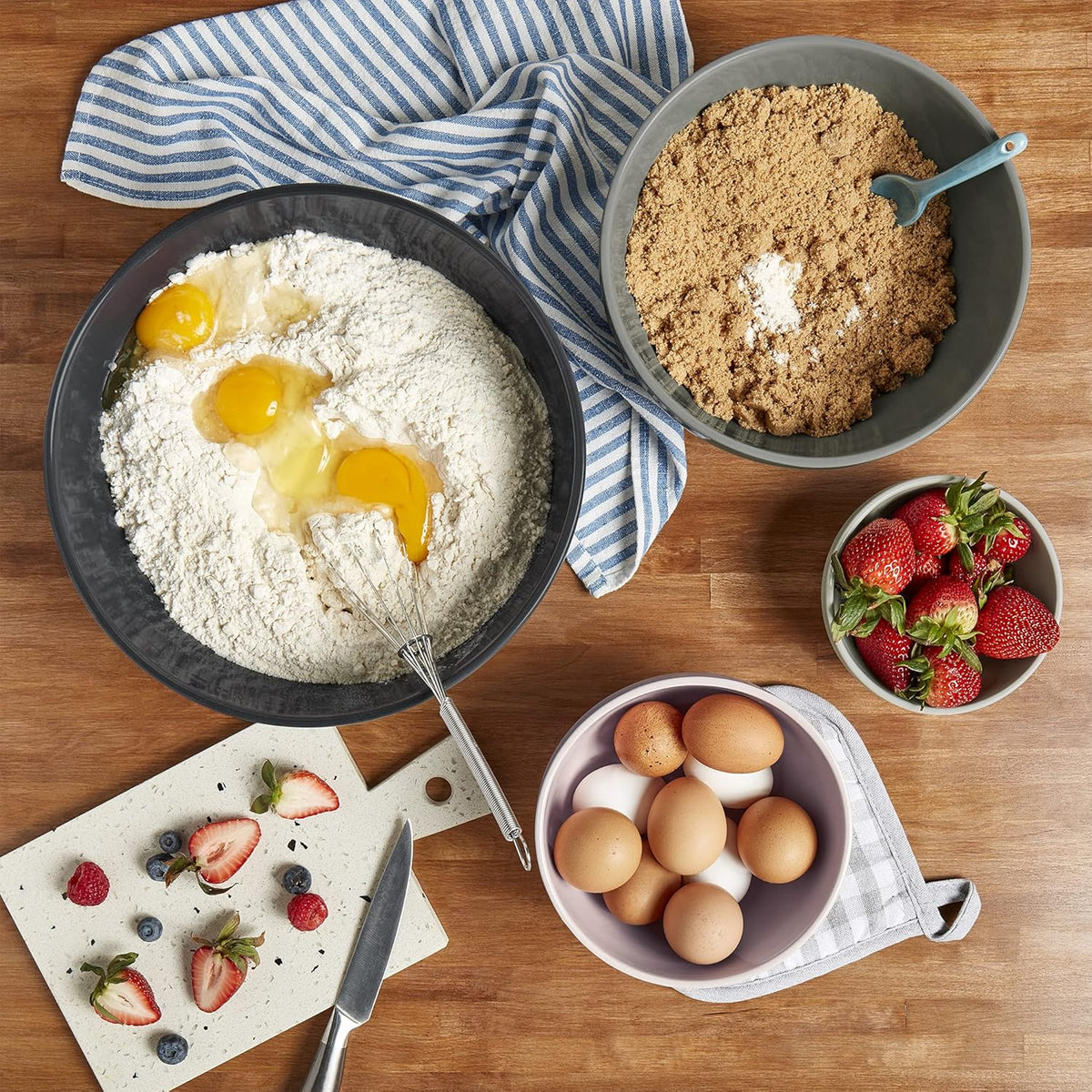 TTU Tabletops Gallery Hobnail Style 4 Piece Timeless Grey Stoneware Nesting Mixing Bowl Set for Baking and Cooking