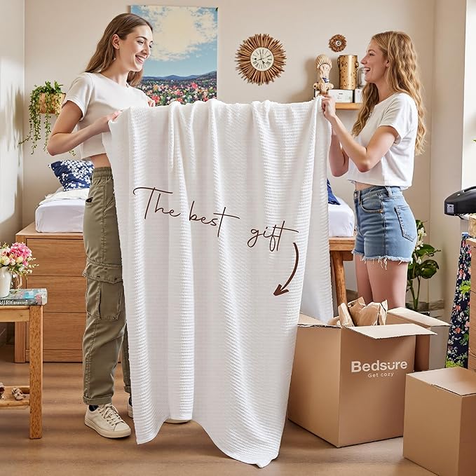 Bedsure 100% Cotton Blanket Twin XL Size for College Dorm - Breathable and Soft, Waffle Weave Twin Blanket for Summer, Dorm Room Essentials, White, 66x90 inches