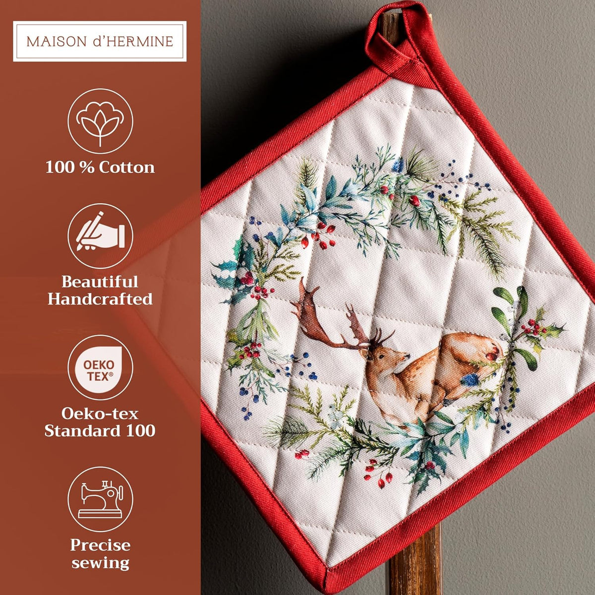 Maison d' Hermine Pot Holders Set 100% Cotton Heat Resistant Potholders 8" x 8" Hot Pads with Loop BBQ, Cooking, Baking, Grilling, Kitchen, Handling Hot Pans (Pack of 2, Holly Time)