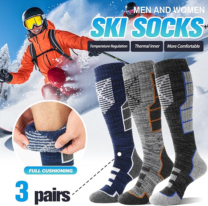 Anlisim 3 Pairs Unisex Merino Wool Ski Thermal Warm Thick Knee High Long Socks