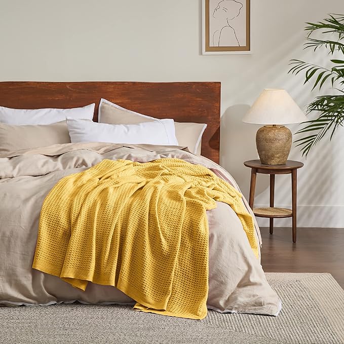 Bedsure 100% Cotton Blanket King Size for Bed - Breathable and Soft, Waffle Weave Blanket for Summer, Thick Cozy Fall Blankets for Women Gift, Mustard Yellow, 104x90 inches