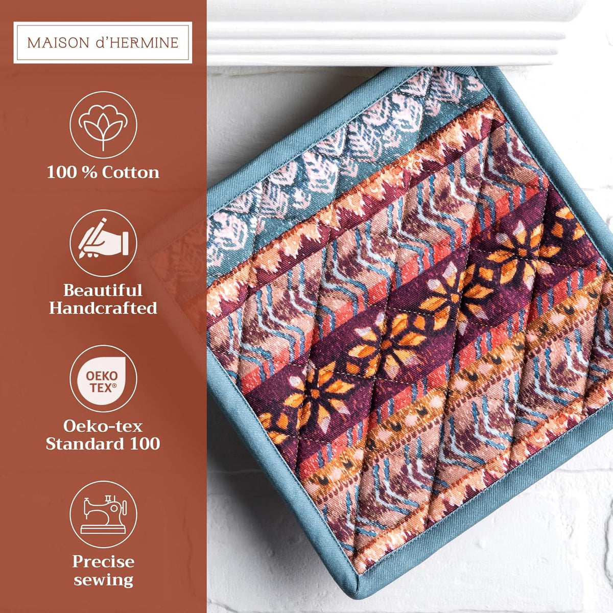 Maison d' Hermine Pot Holders 100% Cotton Heat Resistant Potholders 8" x 8" Hot Pads with Loop BBQ, Cooking, Baking, Grilling, Kitchen, Handling Hot Pans (Pack of 1, Fair Isle)