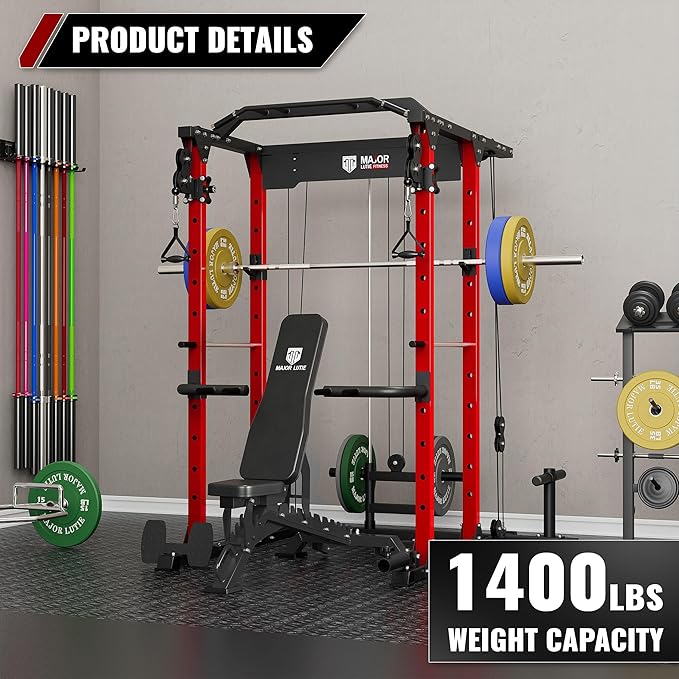 MAJOR FITNESS PLM03 Power Rack - 1400LBS Home Gym with Cable Crossover, Pull-Up Bar & Landmine, Strength Training Equipment