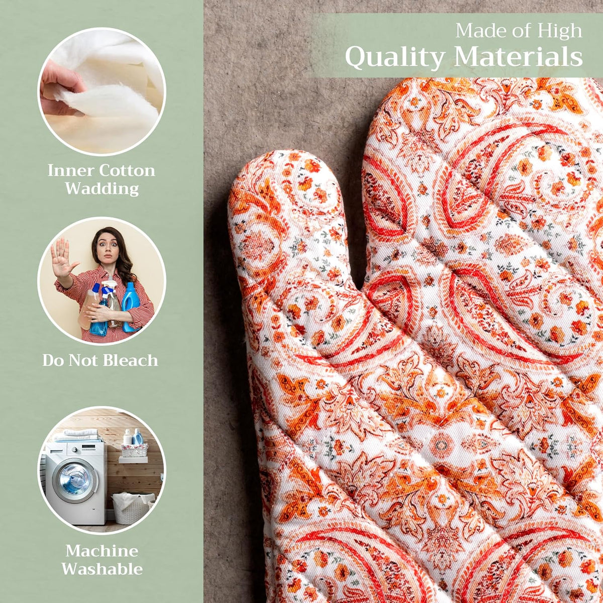 Maison d' Hermine Oven Gloves 100% Cotton Oven Mitt 7" x 13" with Loop Heat Resistant, BBQ, Cooking Gloves, Baking, Grilling, Kitchen, Handling Hot Pans (Pack of 1, Orient)