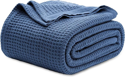 Bedsure 100% Cotton Blanket King Size for Bed - Breathable and Soft, Waffle Weave Blanket for Summer, Thick Cozy Fall Blankets for Women Gift, Navy, 104x90 inches