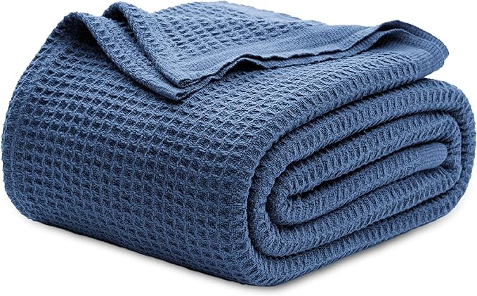 Bedsure 100% Cotton Blanket Queen Size for Bed - Breathable and Soft, Waffle Weave Blanket for Summer, Thick Cozy Fall Blankets for Women Gift, Navy, 90x90 Inches