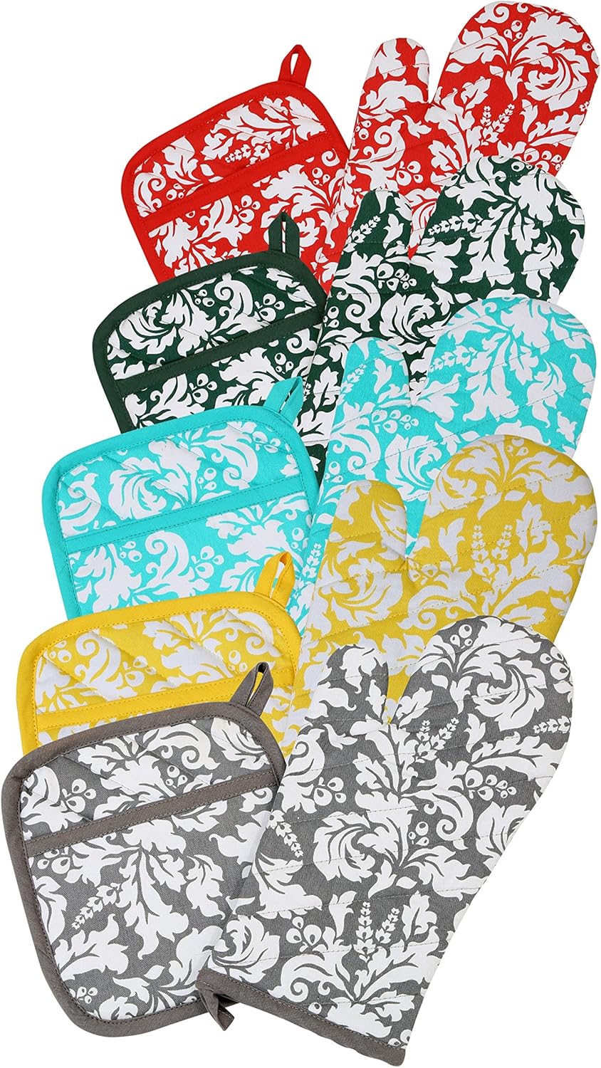 Yourtablecloth Set of Oven Mitt and Pot Holder or Oven Gloves – 100% Cotton, High Heat Resistance, Superior Protection & Comfort – Elegant Design – Machine Washable-Eggplant