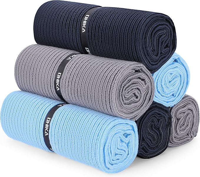 Microfiber Gym Towels with Snap Strap Closure, Ribbed Pattern Sports Towels for Yoga, Home and Outdoor Activities, 27” x 16”, 6 Pack, Black/Grey/Light Blue