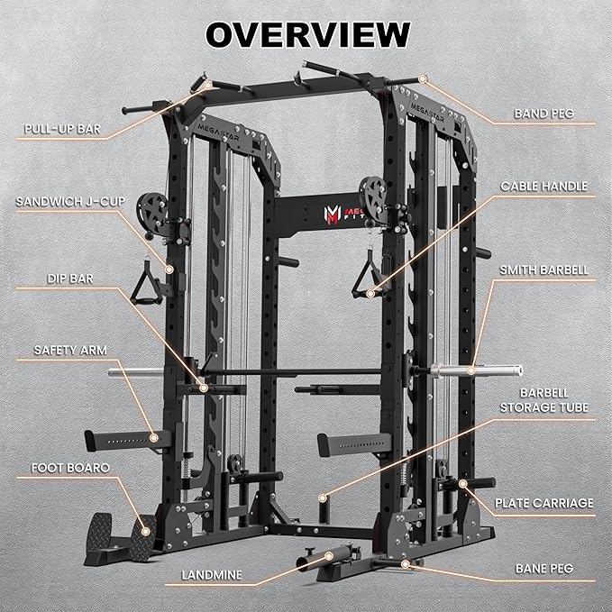 Smith Machine Home Gym with Aluminum Pulley Set- 2000lbs Capacity All-in-One Power Rack with Cable Crossover, Pull-Up Bar & Dip Station, Includes 18 Attachments, P107 Anvil