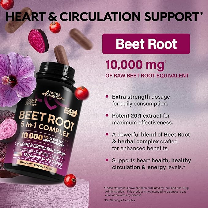 Beet Root Capsules - Healthy Blood Pressure Support Supplement** for Heart & Circulation Support - with Hawthorn Berry, Hibiscus & Garlic - Nitric Oxide for Energy - Made in USA, 120 Capsules