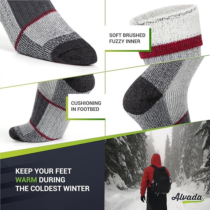 Alvada Merino Wool Hiking Socks Thermal Warm Crew Winter Boot Sock For Men & Women 3 Pairs