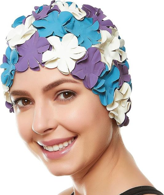 BEEMO Floral Petal Ladies Bathing Swim Cap Women Retro Swim Hat Long/Short Hair