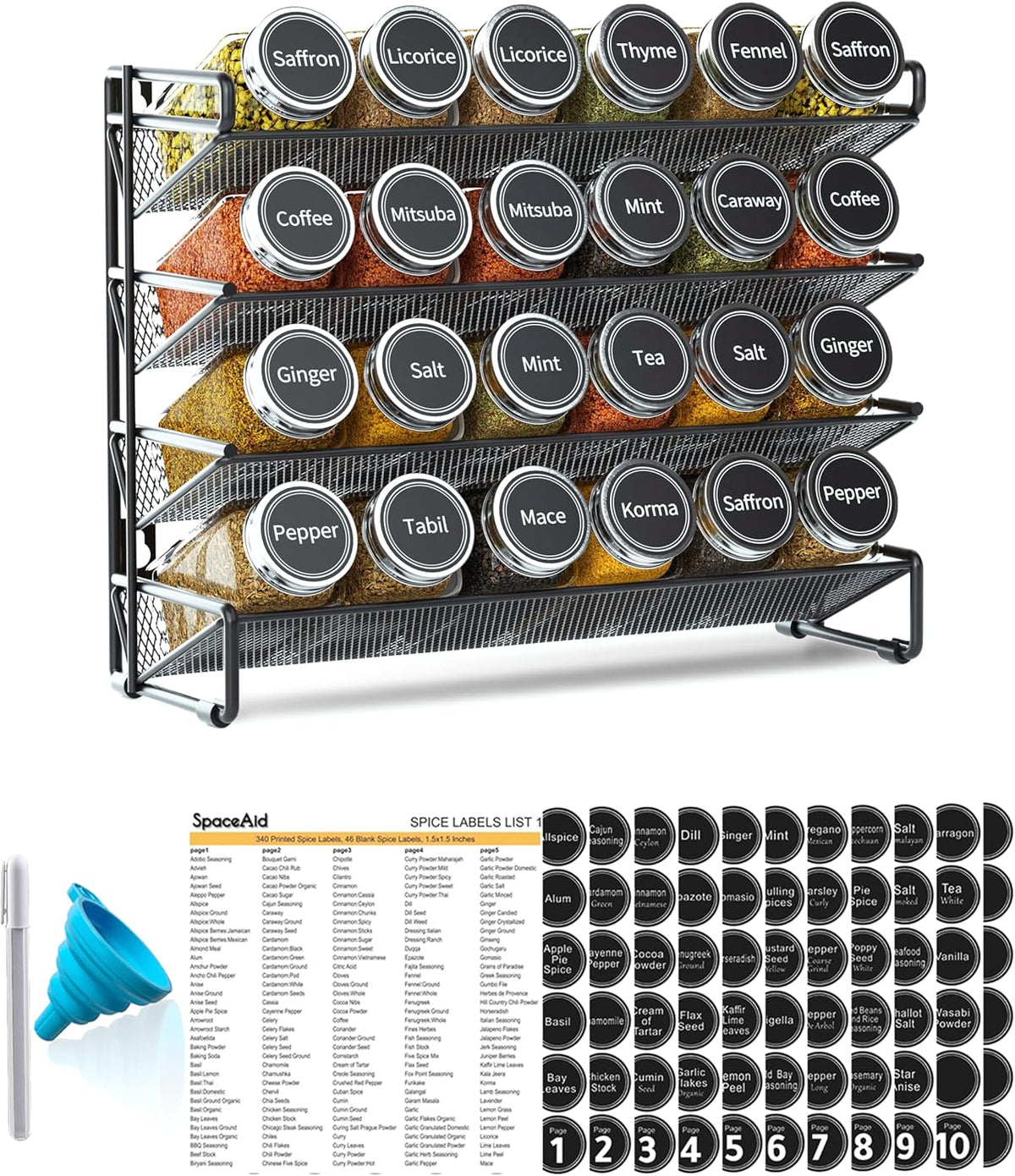 SpaceAid Spice Rack Organizer with 24 Spice Jars, 386 Spice Labels, Chalk Marker and Funnel Set for Cabinet, Countertop, Pantry, Cupboard or Door & Wall Mount -24 Jars, 11.8" W × 10.8" H, Black