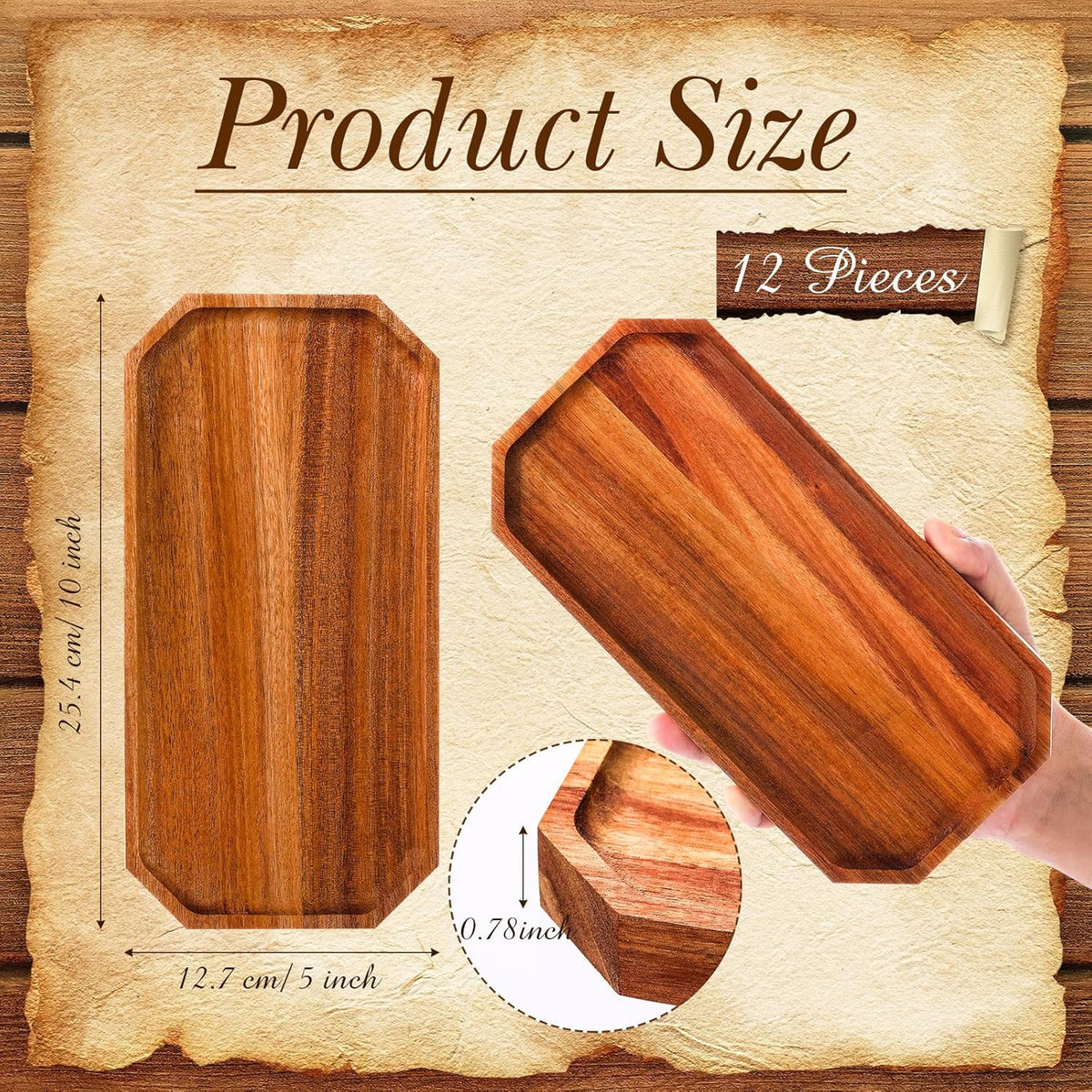 Dandat 12 Pack Wooden Serving Platter Bulk Acacia Wood Platters 10 x 5 Inch Rustic Serving Tray Rectangular Charcuterie Board Cheese Plate for Home Decor Dessert Vegetables Fruit Cookie