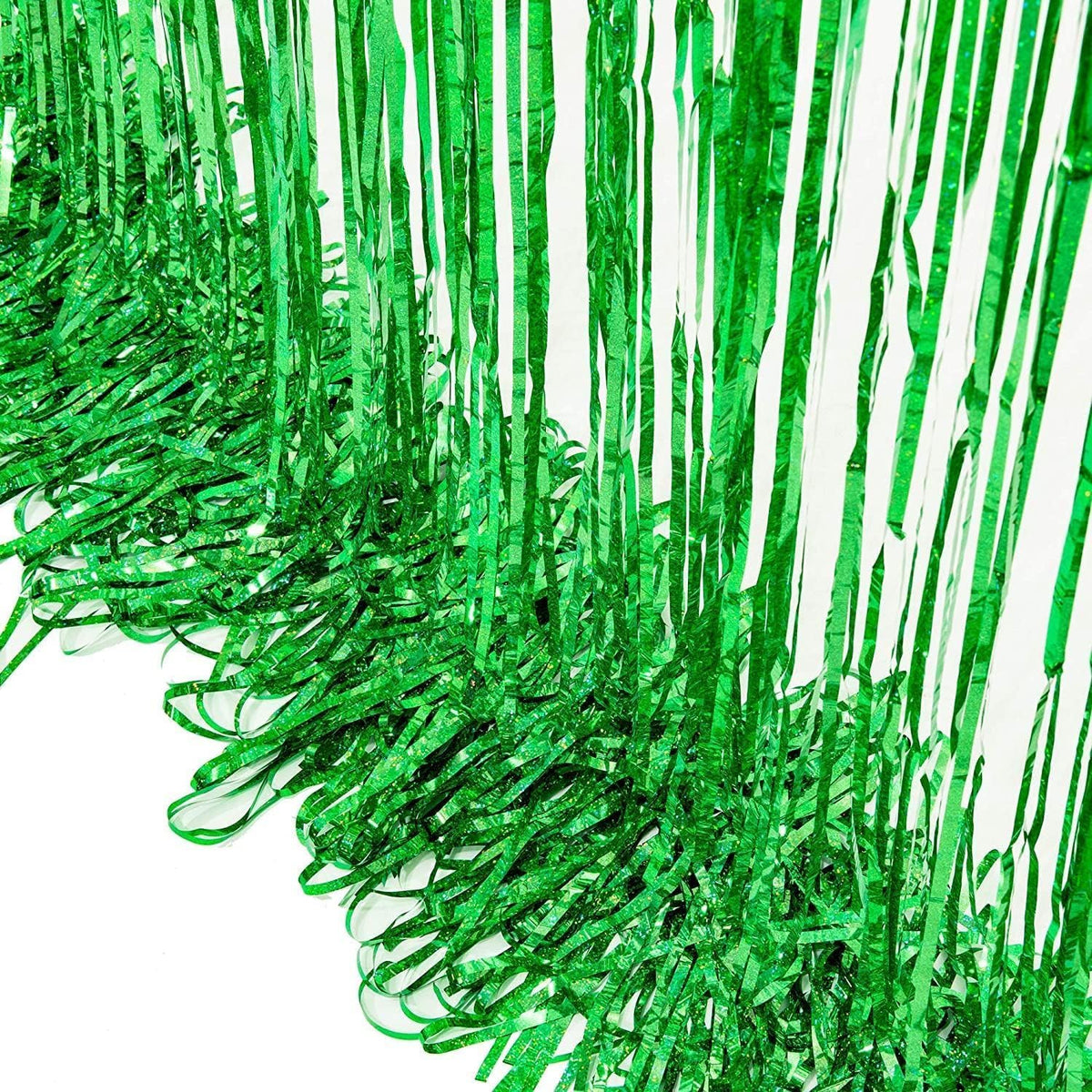 BRAVESHINE Green Metallic Tinsel Foil Fringe Curtains - 2 Pack 3.2 x 8.2 ft Metallic Photo Backdrop for Graduates-Theme/St Patricks Day/Hawaiian/Luau/Dinosaur/Jungle-Theme/Christmas Party Decorations