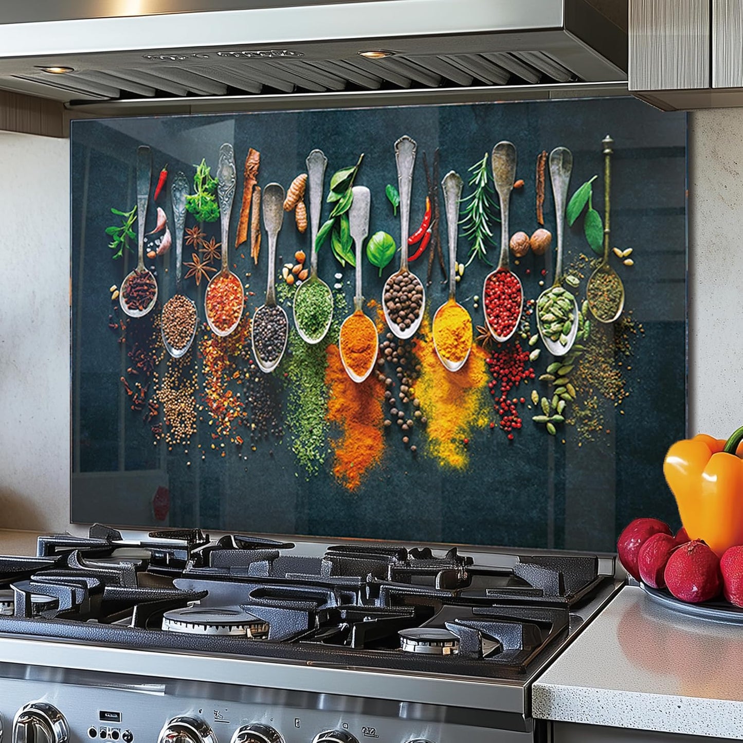 DAIFURONGE Spice Tempered Glass Backsplash For Kitchen Behind Stove,Stove Backsplash Top Cover,Easy to Clean Glass Splashback, Sink Cover Splash Guard,Home Kitchen Wall Decor (30"x24"(76.2x60.96cm))