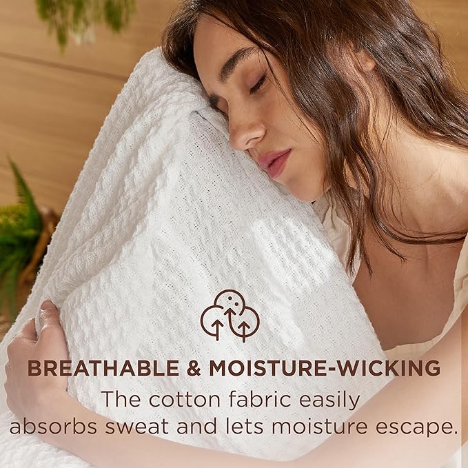 Bedsure 100% Cotton Blanket Twin XL Size for College Dorm - Breathable and Soft, Waffle Weave Twin Blanket for Summer, Dorm Room Essentials, White, 66x90 inches