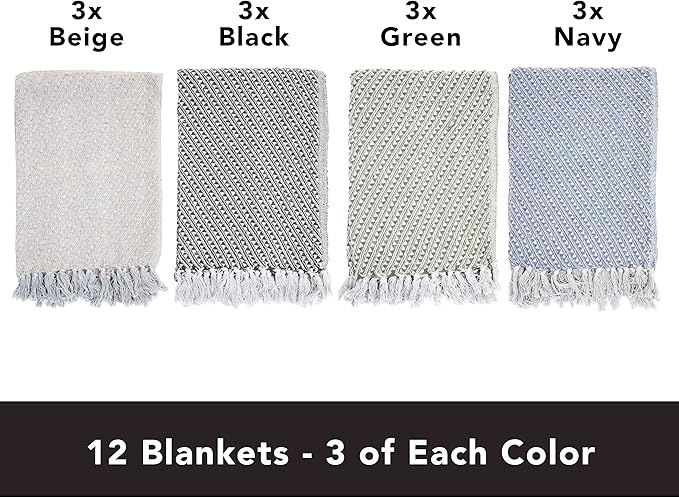 Arkwright Common Ground Bulk Blankets - Pack of 12 - Reversible 100% Cotton All Season Lightweight Couch Bed Throws for Wedding Guests, Travel, and Outdoor Events, 50 x 70 in, Diagonal