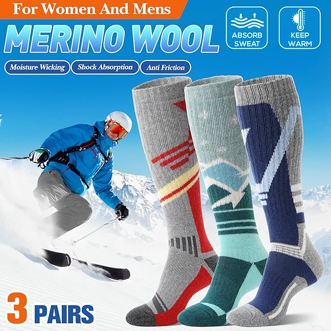 3 Pairs Merino Wool Ski Socks Thermal Warm Winter Thick Knee High Snowboarding Skiing Socks for Women Men