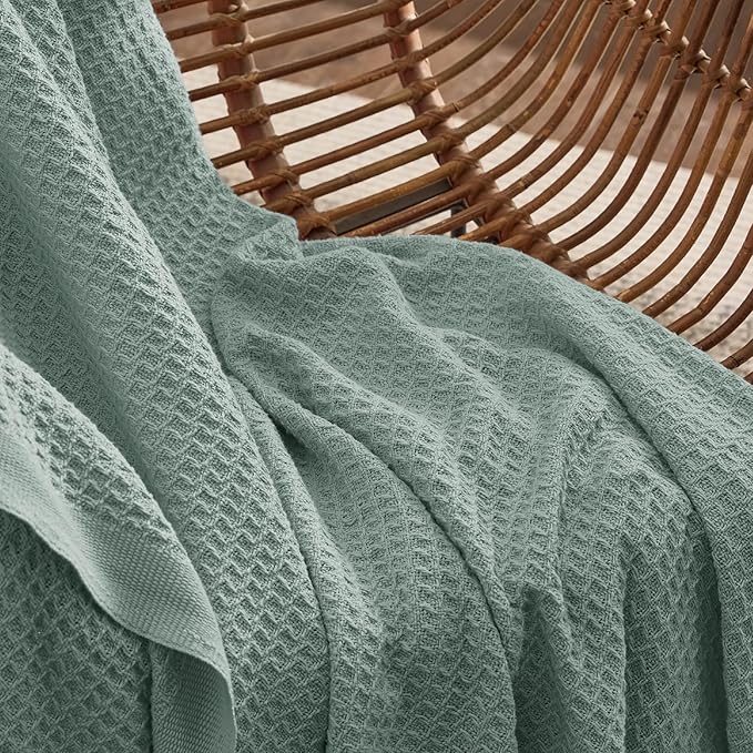 Bedsure 100% Cotton Blanket Queen Size for Bed - Breathable and Soft, Waffle Weave Blanket for Summer, Thick Cozy Fall Blankets for Women Gift, Sage Green, 90x90 Inches