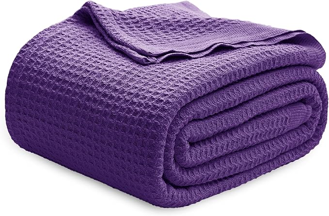 Bedsure 100% Cotton Blanket Queen Size for Bed - Breathable and Soft, Waffle Weave Blanket for Summer, Thick Cozy Fall Blankets for Women Gift, Purple, 90x90 Inches