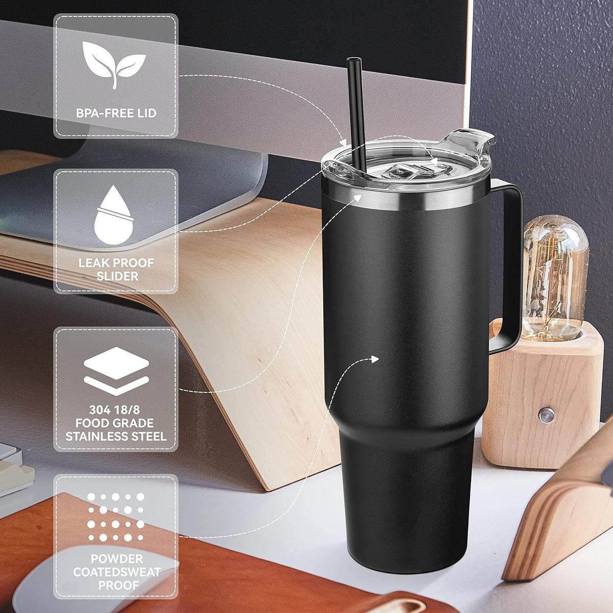 HASLE OUTFITTERS 40 oz Stainless Steel Tumbler with Handle, Vacuum Insulated Tumblers Bulk, Reusable Double Wall Travel Coffee Mug, Durable Powder Coated Water Bottle(Black, 1)