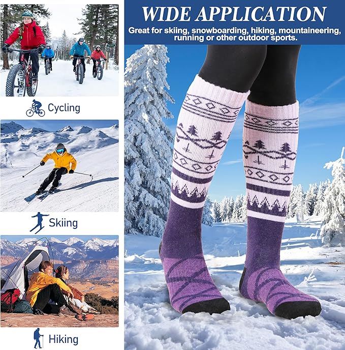 3 Pairs Merino Wool Ski Socks Thermal Warm Winter Thick Knee High Snowboarding Skiing Socks for Women Men