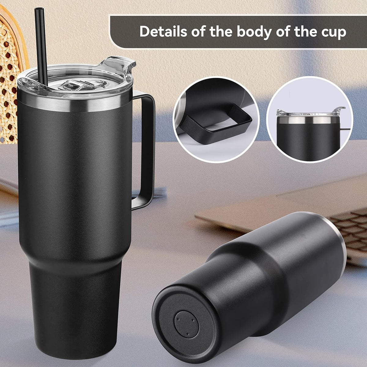 HASLE OUTFITTERS 40 oz Stainless Steel Tumbler with Handle, Vacuum Insulated Tumblers Bulk, Reusable Double Wall Travel Coffee Mug, Durable Powder Coated Water Bottle(Black, 1)