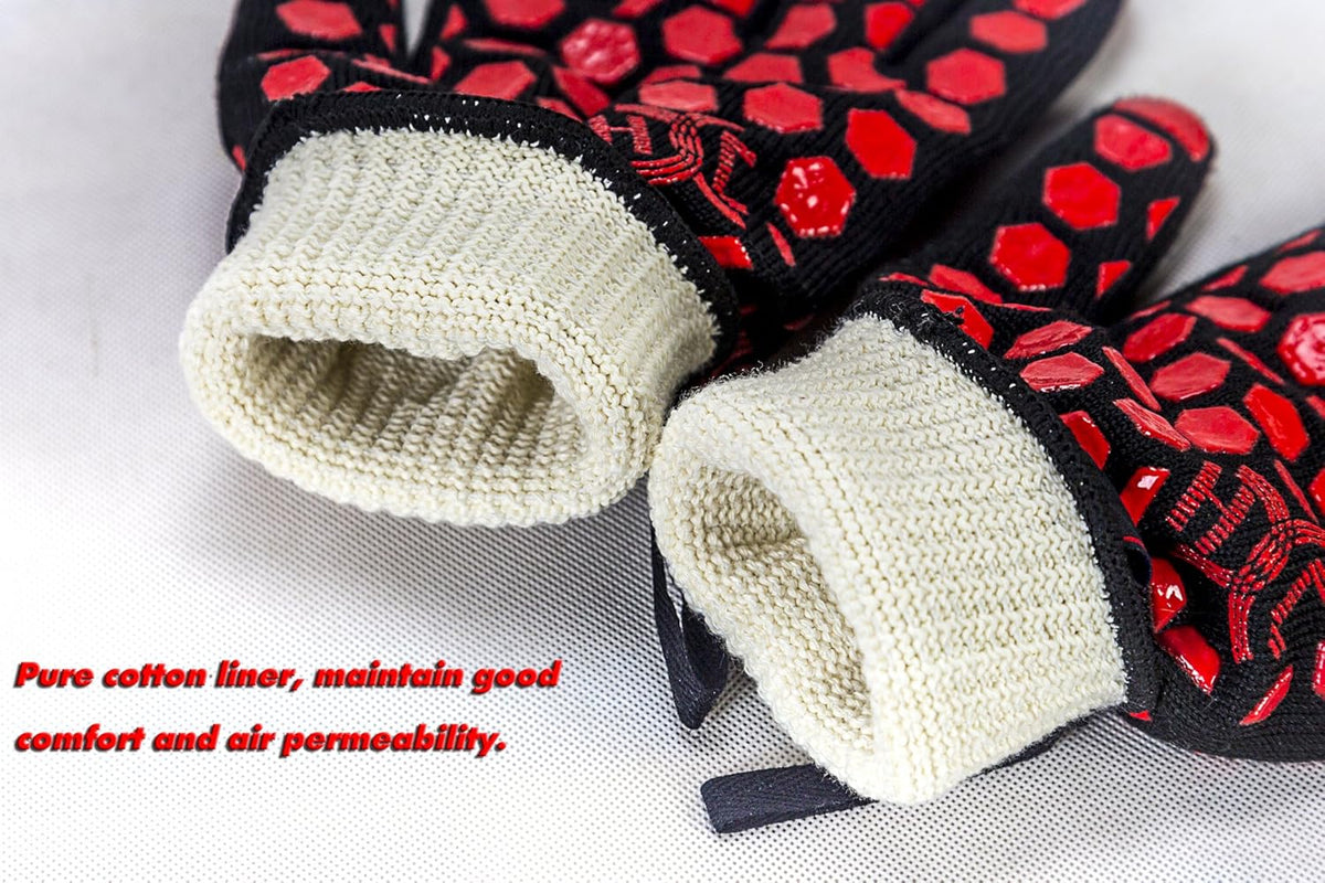 J H Heat Resistant Oven Glove:EN407 Certified 932 °F, 2 Layers Silicone Coating, Oven Mitts for Cooking, Kitchen, Fireplace,Camping, Grilling
