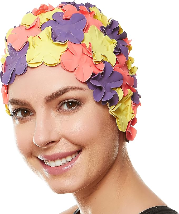 BEEMO Floral Petal Ladies Bathing Swim Cap Women Retro Swim Hat Long/Short Hair