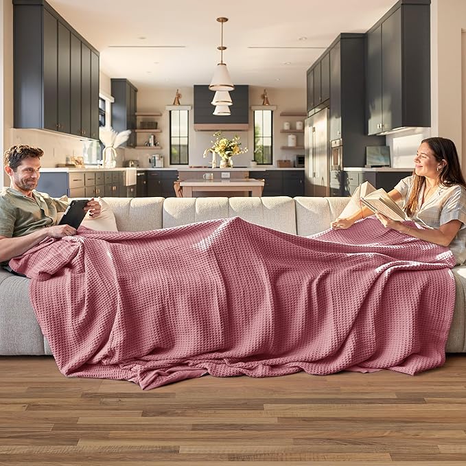 Bedsure 100% Cotton Blanket King Size for Bed - Breathable and Soft, Waffle Weave Blanket for Summer, Thick Cozy Fall Blankets for Women Gift, Dusty Rose, 104x90 inches