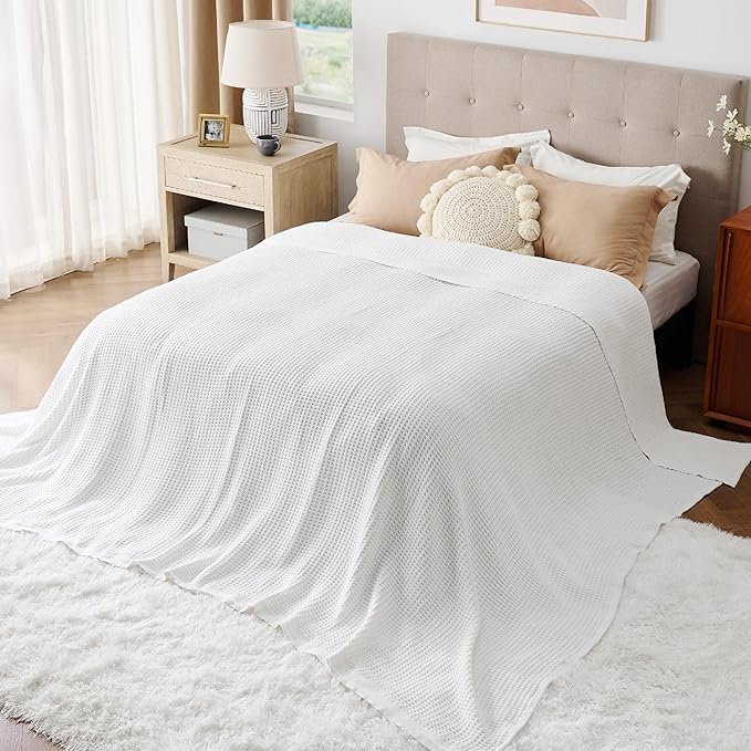 Bedsure 100% Cotton Large Blanket Oversized King for Bed - Breathable Thick Waffle Weave Blanket for Summer, Couch Cover, White, 120x94 inches