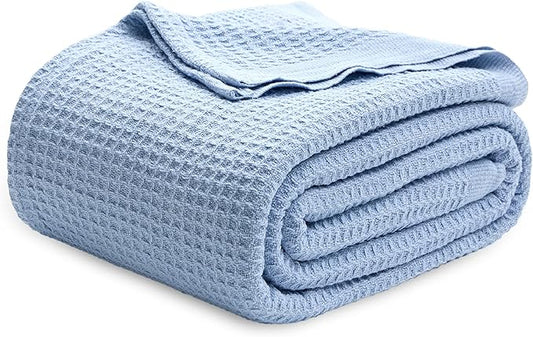 Bedsure 100% Cotton Blanket King Size for Bed - Breathable and Soft, Waffle Weave Blanket for Summer, Thick Cozy Fall Blankets for Women Gift, Sky Blue, 104x90 inches